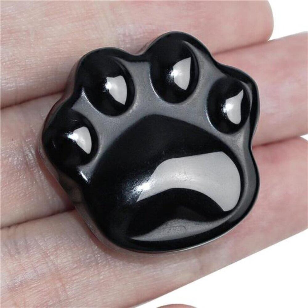 Cute Black Obsidian Cat Paw Healing Crystal Worry Stone